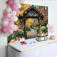 Lofaris Toile de fond de photographie d'automne avec arche en bois et feuillage, décor de récolte avec citrouilles et fleurs pour studio photo