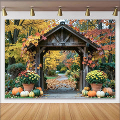 Lofaris Toile de fond de photographie d'automne avec arche en bois et feuillage, décor de récolte avec citrouilles et fleurs pour studio photo