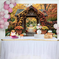 Lofaris Toile de fond de Thanksgiving avec arche en bois et citrouilles, décor d'automne rustique pour fête et photographie de récolte