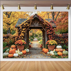 Lofaris Toile de fond de Thanksgiving avec arche en bois et citrouilles, décor d'automne rustique pour fête et photographie de récolte