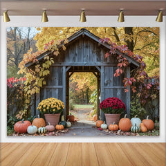 Lofaris Toile de fond d'automne avec arcade en bois, citrouilles et feuillages colorés, magnifique arrière-plan de saison pour studio photo