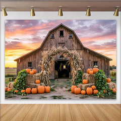 Lofaris Toile de fond d'automne grange rustique avec citrouilles, bottes de foin et maïs, de récolte pour studio photo ou fête d'Halloween
