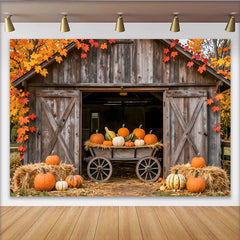 Lofaris Toile de fond de photographie d'automne rustique avec grange et citrouilles, magnifique arrière-plan de récolte pour studio photo
