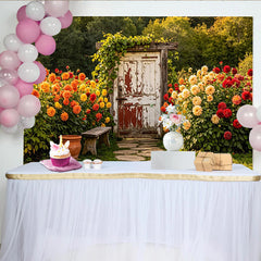Lofaris Toile de fond de photographie jardin fleuri avec porte rustique et dahlias colorés, magnifique arrière-plan naturel pour studio