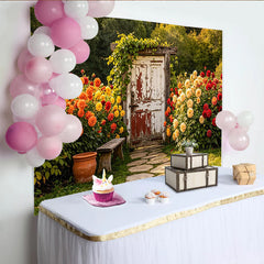 Lofaris Toile de fond de photographie jardin fleuri avec porte rustique et dahlias colorés, magnifique arrière-plan naturel pour studio
