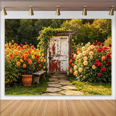 Lofaris Toile de fond de photographie jardin fleuri avec porte rustique et dahlias colorés, magnifique arrière-plan naturel pour studio