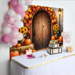 Lofaris Toile de fond d'automne rustique avec porte en bois et citrouilles, décor chaleureux pour la récolte et les fêtes