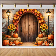 Lofaris Toile de fond d'automne rustique avec porte en bois et citrouilles, décor chaleureux pour la récolte et les fêtes