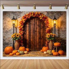 Lofaris Toile de fond d'automne rustique avec porte en bois et citrouilles, magnifique arrière-plan pour photographie de récolte