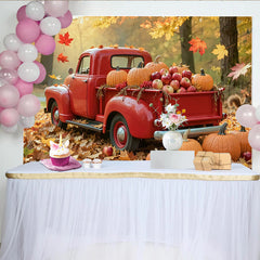 Lofaris Toile de fond d'automne camion rouge citrouilles et feuilles, décor de récolte rustique pour studio photo et Thanksgiving