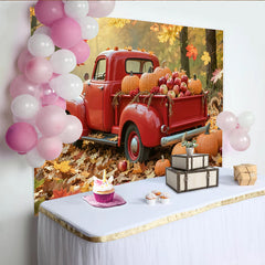 Lofaris Toile de fond d'automne camion rouge citrouilles et feuilles, décor de récolte rustique pour studio photo et Thanksgiving