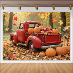Lofaris Toile de fond d'automne camion rouge citrouilles et feuilles, décor de récolte rustique pour studio photo et Thanksgiving
