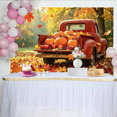 Lofaris Toile de fond paysage d'automne avec camion rouge et citrouilles, magnifique arrière-plan de récolte pour studio photo
