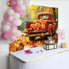 Lofaris Toile de fond paysage d'automne avec camion rouge et citrouilles, magnifique arrière-plan de récolte pour studio photo