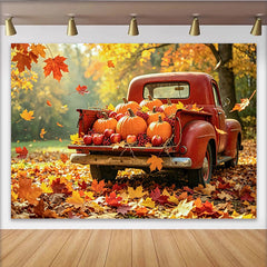 Lofaris Toile de fond paysage d'automne avec camion rouge et citrouilles, magnifique arrière-plan de récolte pour studio photo