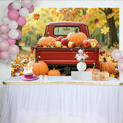 Lofaris Toile de fond de photographie automne avec camion rouge et citrouilles, magnifique arrière-plan de récolte pour studio photo