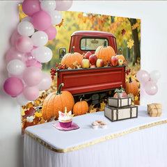 Lofaris Toile de fond de photographie automne avec camion rouge et citrouilles, magnifique arrière-plan de récolte pour studio photo
