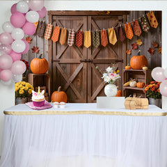 Lofaris Toile de fond d'automne porte de grange rustique avec citrouilles, arrière-plan de récolte pour photographie de famille