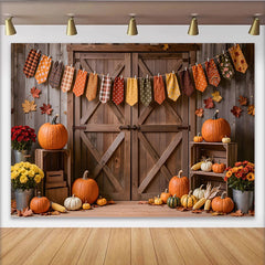 Lofaris Toile de fond d'automne porte de grange rustique avec citrouilles, arrière-plan de récolte pour photographie de famille