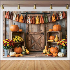 Lofaris Toile de fond d'automne rustique avec citrouilles et porte de grange en bois, arrière-plan la récolte et les célébrations saisonnières