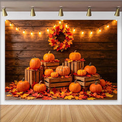 Lofaris Toile de fond d'automne rustique avec citrouilles et feuilles d'érable, décor chaleureux pour Thanksgiving et séance photo