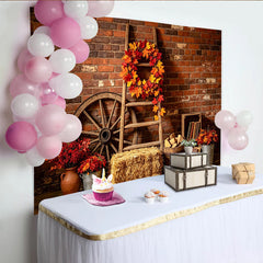 Lofaris Toile de fond d'automne rustique avec mur de briques et feuilles, magnifique arrière-plan pour studio photo et décor de fête