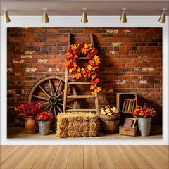 Lofaris Toile de fond d'automne rustique avec mur de briques et feuilles, magnifique arrière-plan pour studio photo et décor de fête
