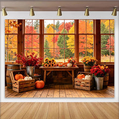 Lofaris Toile de fond de photographie scène d'automne avec fenêtres et citrouilles, arrière-plan rustique pour studio et événement d'automne