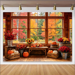 Lofaris Toile de fond d'automne avec fenêtre en bois, citrouilles et tournesols, magnifique arrière-plan rustique pour photographie de saison