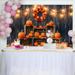 Lofaris Toile de fond d'automne rustique avec citrouilles et feuilles colorées, décor mural en bois pour studio photo et fête de récolte