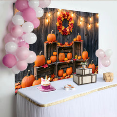 Lofaris Toile de fond d'automne rustique avec citrouilles et feuilles colorées, décor mural en bois pour studio photo et fête de récolte