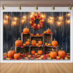 Lofaris Toile de fond d'automne rustique avec citrouilles et feuilles colorées, décor mural en bois pour studio photo et fête de récolte