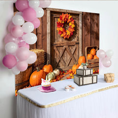 Lofaris Toile de fond d'automne rustique avec citrouilles et feuilles d'érable, décor de grange en bois pour photographie de récolte