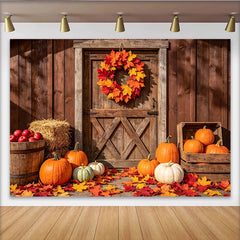 Lofaris Toile de fond d'automne rustique avec citrouilles et feuilles d'érable, décor de grange en bois pour photographie de récolte