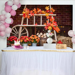 Lofaris Toile de fond photo automne avec feuilles d'érable et charrette, décor de saison avec fleurs et bûches pour studio photo