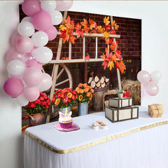 Lofaris Toile de fond photo automne avec feuilles d'érable et charrette, décor de saison avec fleurs et bûches pour studio photo