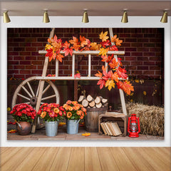 Lofaris Toile de fond photo automne avec feuilles d'érable et charrette, décor de saison avec fleurs et bûches pour studio photo