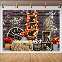Lofaris Toile de fond d'automne rustique avec feuilles d'érable et mur de briques, magnifique décor de ferme pour photographie de saison