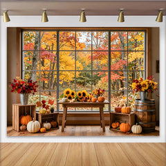 Lofaris Toile de fond d'automne avec fenêtre, citrouilles et tournesols, magnifique arrière-plan de récolte pour studio photo