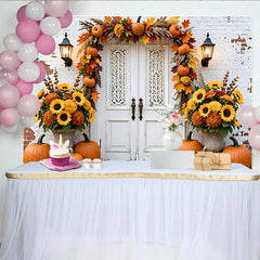 Lofaris Toile de fond d'automne avec citrouilles et porte blanche, magnifique décor de récolte avec tournesols pour studio photo