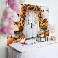 Lofaris Toile de fond d'automne avec citrouilles et porte blanche, magnifique décor de récolte avec tournesols pour studio photo