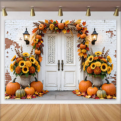 Lofaris Toile de fond d'automne avec citrouilles et porte blanche, magnifique décor de récolte avec tournesols pour studio photo