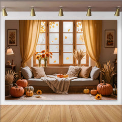Lofaris Toile de fond de Thanksgiving rustique avec citrouilles et feuilles d'automne, décor de récolte chaleureux pour studio photo