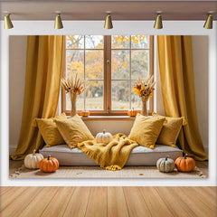 Lofaris Toile de fond de photographie d'automne avec fenêtre et citrouilles, rideaux jaunes et feuillage, arrière-plan cosy pour studio photo