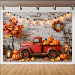 Lofaris Toile de fond d'automne camion rouge citrouilles et feuilles d'érable, arrière-plan en briques pour photographie de récolte
