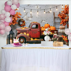 Lofaris Toile de fond d'automne camion rouge vintage citrouilles feuilles d'érable, arrière-plan de ferme rustique pour studio photo et fête