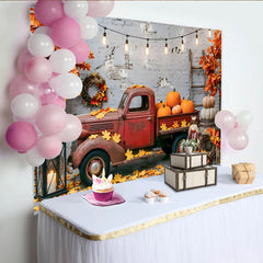Lofaris Toile de fond d'automne camion rouge vintage citrouilles feuilles d'érable, arrière-plan de ferme rustique pour studio photo et fête