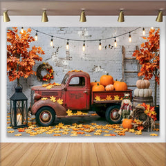 Lofaris Toile de fond d'automne camion rouge vintage citrouilles feuilles d'érable, arrière-plan de ferme rustique pour studio photo et fête