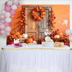 Lofaris Toile de fond d'automne avec citrouilles et porte en bois rustique, superbe arrière-plan de saison pour studio photo et fête