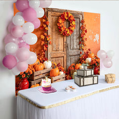Lofaris Toile de fond d'automne avec citrouilles et porte en bois rustique, superbe arrière-plan de saison pour studio photo et fête